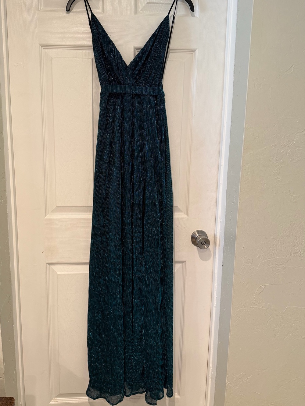 Michael Costello Dark Teal V-Neck Maxi Dress with Spaghetti Straps